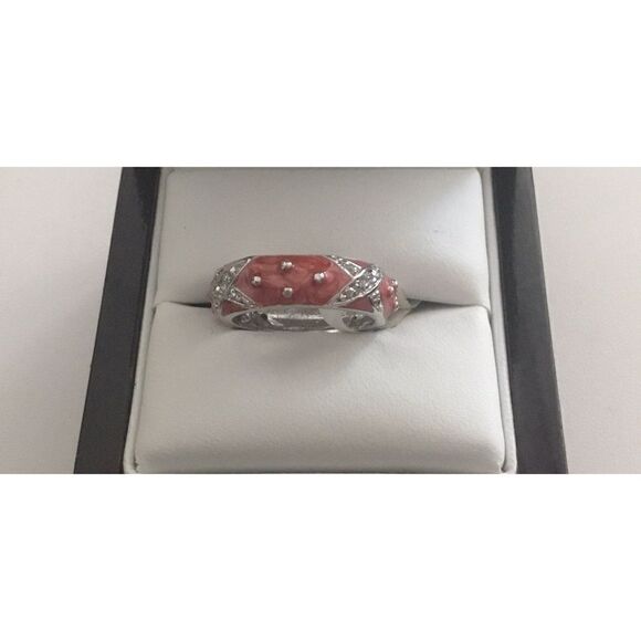 Silver Pink Enamel & CZ "X" Stack Band Ring Sz 8 - Picture 2 of 4